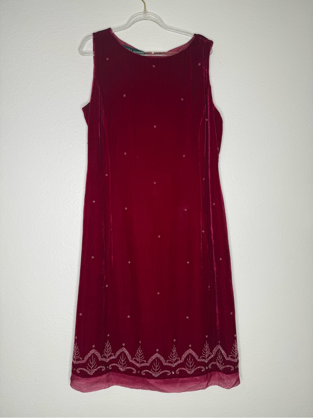 Laura Ashley Burgundy Velvet Midi Dress with Beaded Hem Sz 12